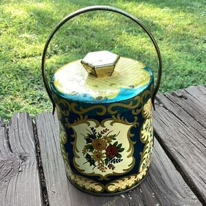 Vintage Floral Tin Container with Handle Decorative Storage Canister